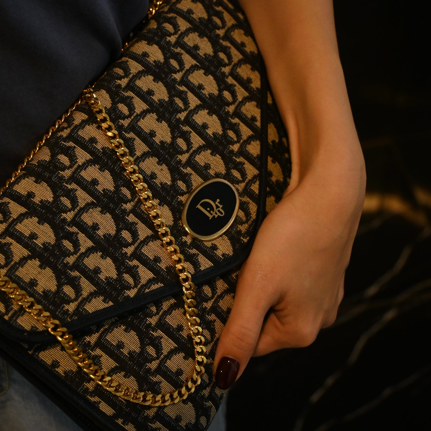 Dior Trotter Navy Monogram Chain Shoulder Envelope Bag