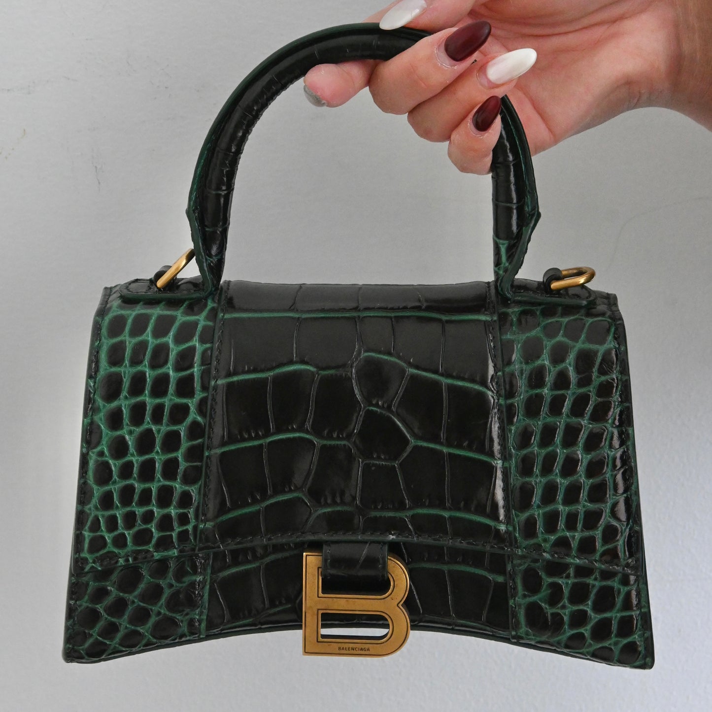 Balenciaga XS Hourglass Dark Green Croc Embossed Leather