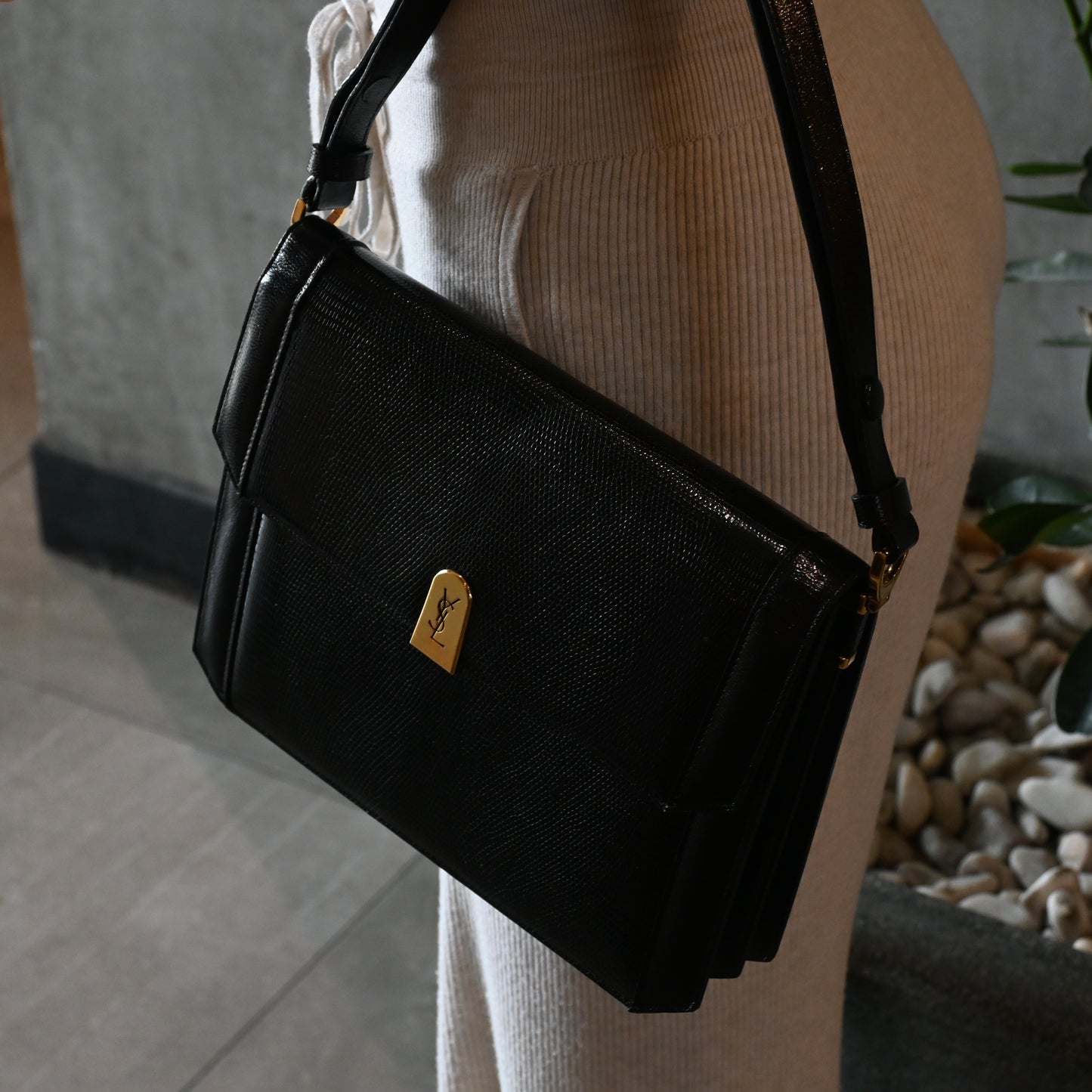 Vintage YSL Embossed Lizard Leather Shoulder Bag