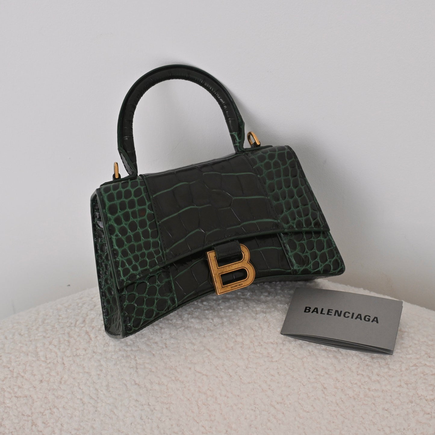Balenciaga XS Hourglass Dark Green Croc Embossed Leather