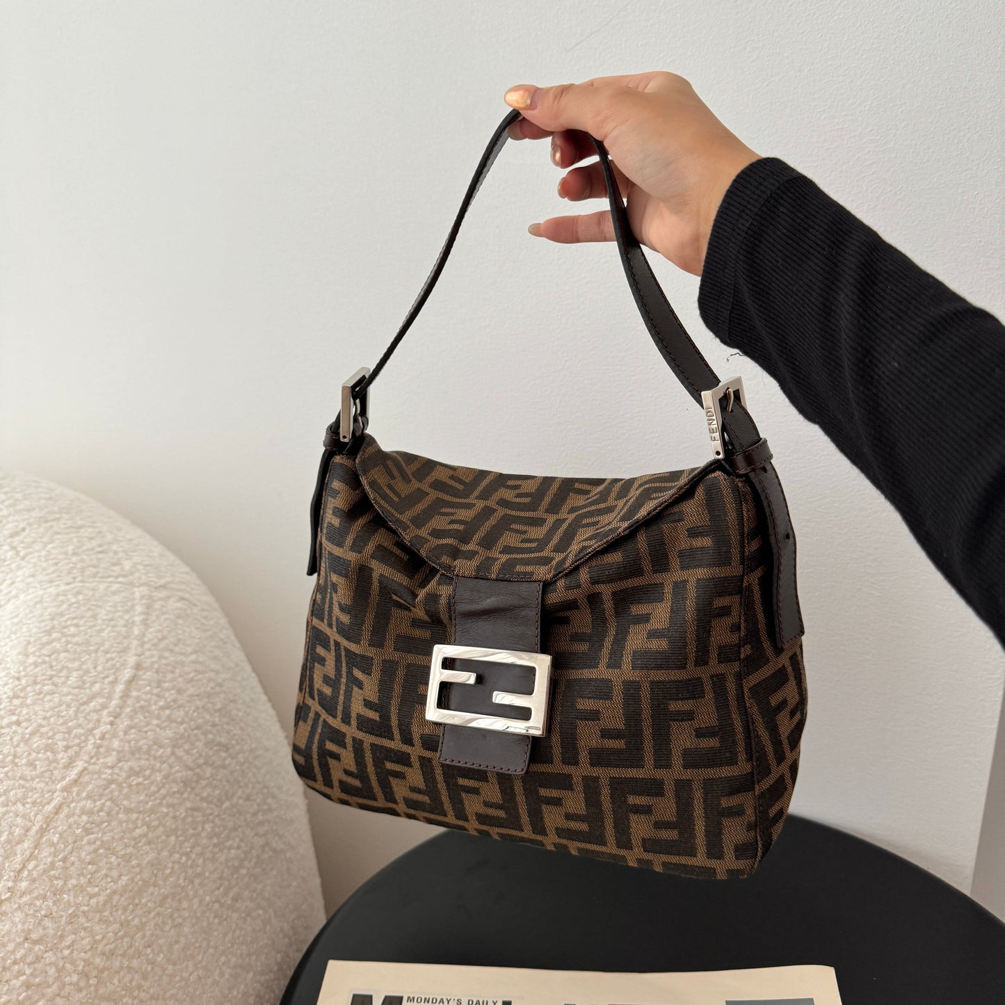 Fendi Zucca Monogram Canvas & Leather Shoulder Bag Brown