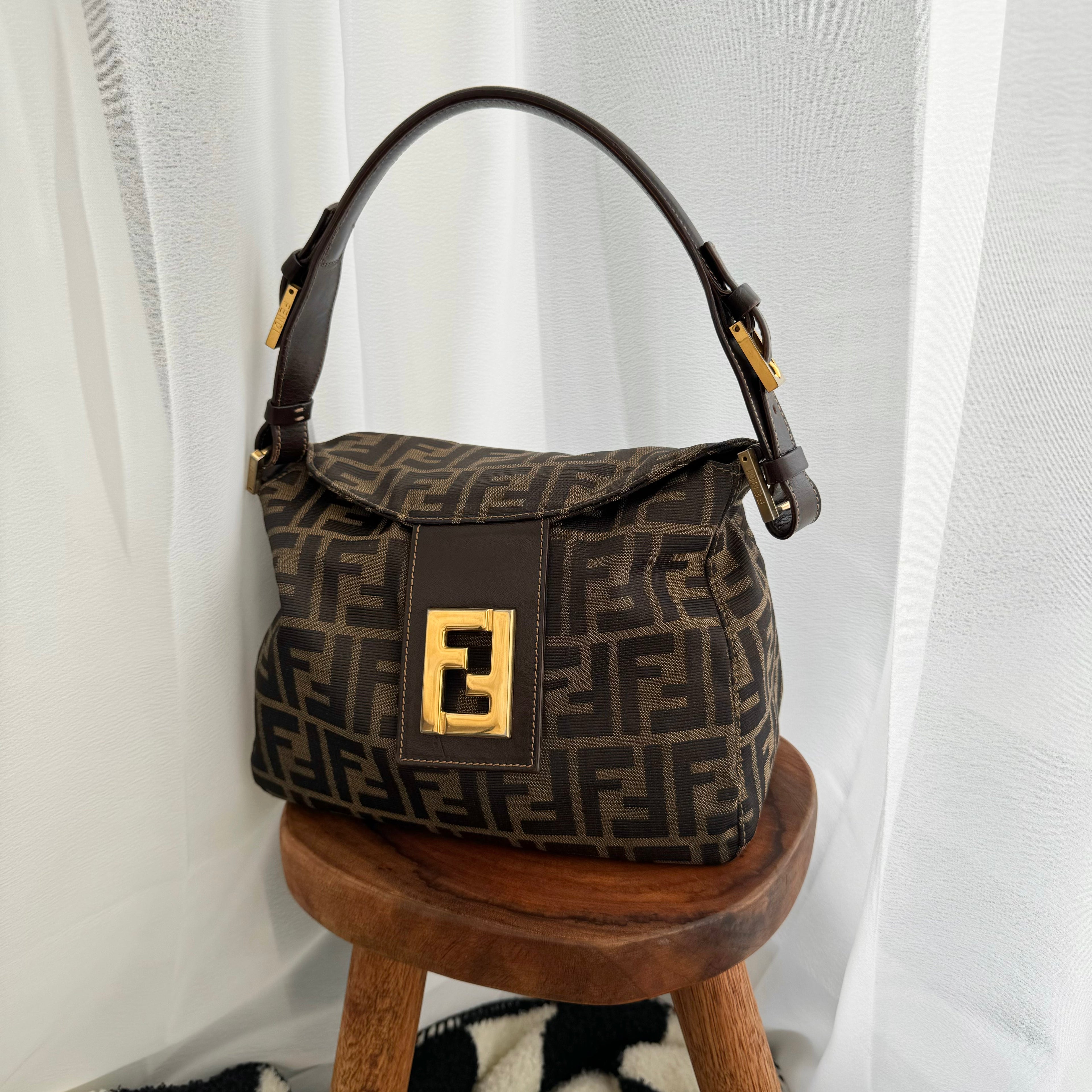 Fendi Zucca Monogram Shoulder Bag with FF Logo Buckle - Leluxe Vintage Sdn. Bhd.