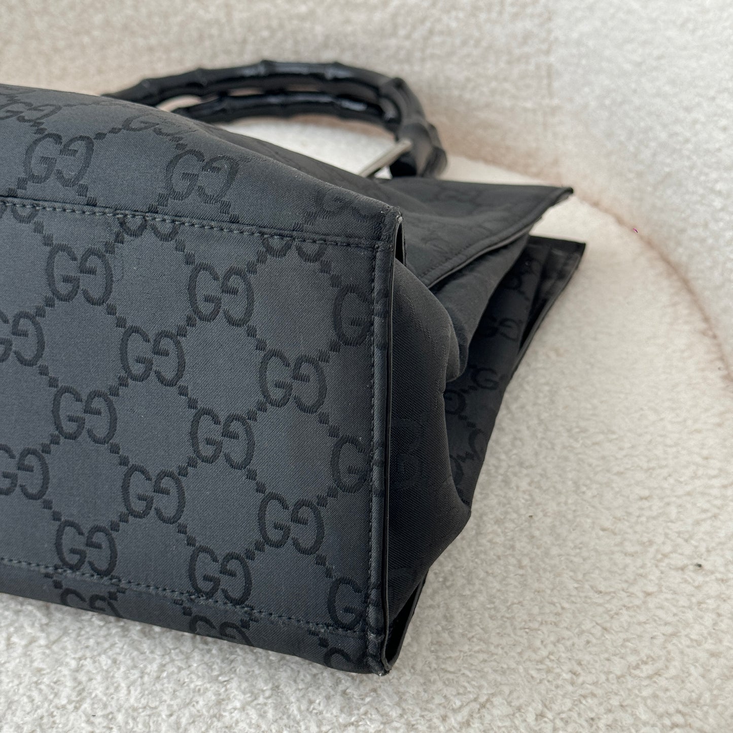 Gucci Black GG Canvas Bamboo Tote