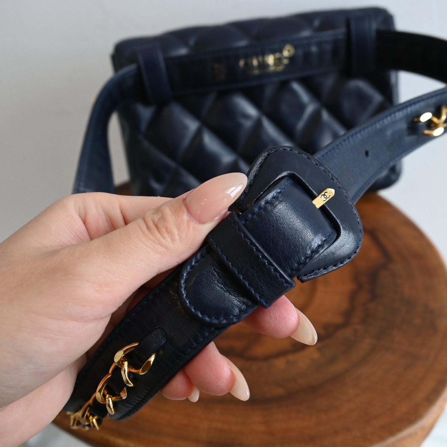 Chanel Navy Lambskin Chain Beltbag 80’s