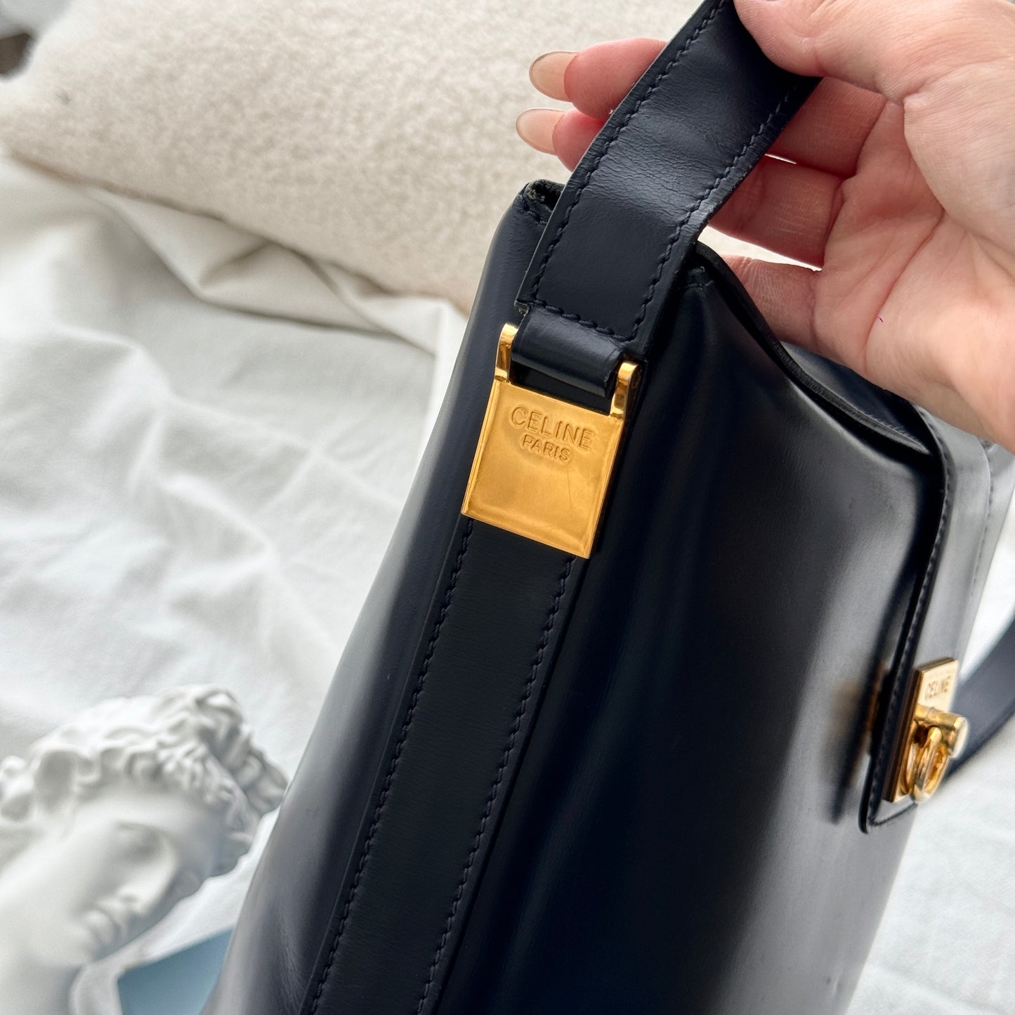 Celine Vintage Navy Gancini Bucket Bag