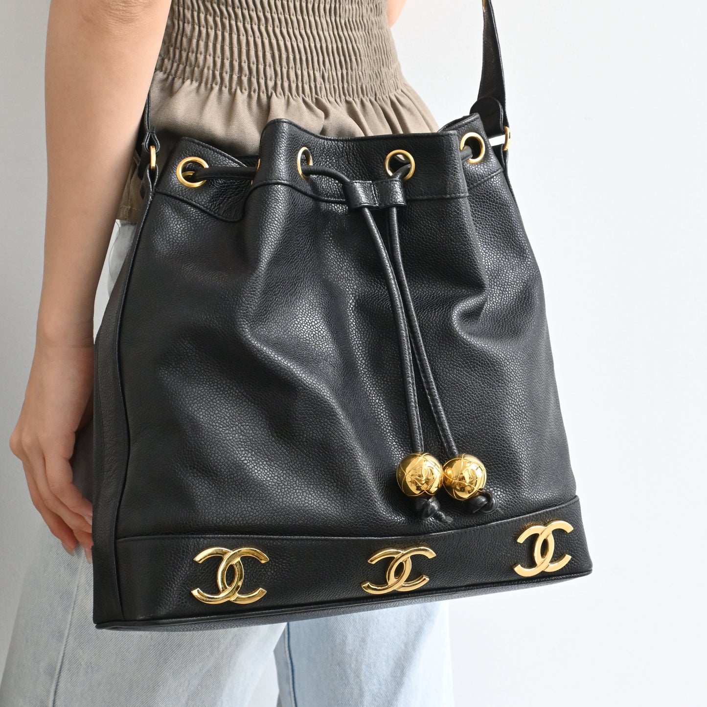 Chanel Triple Logo CC Bucket Bag with Gold Crush