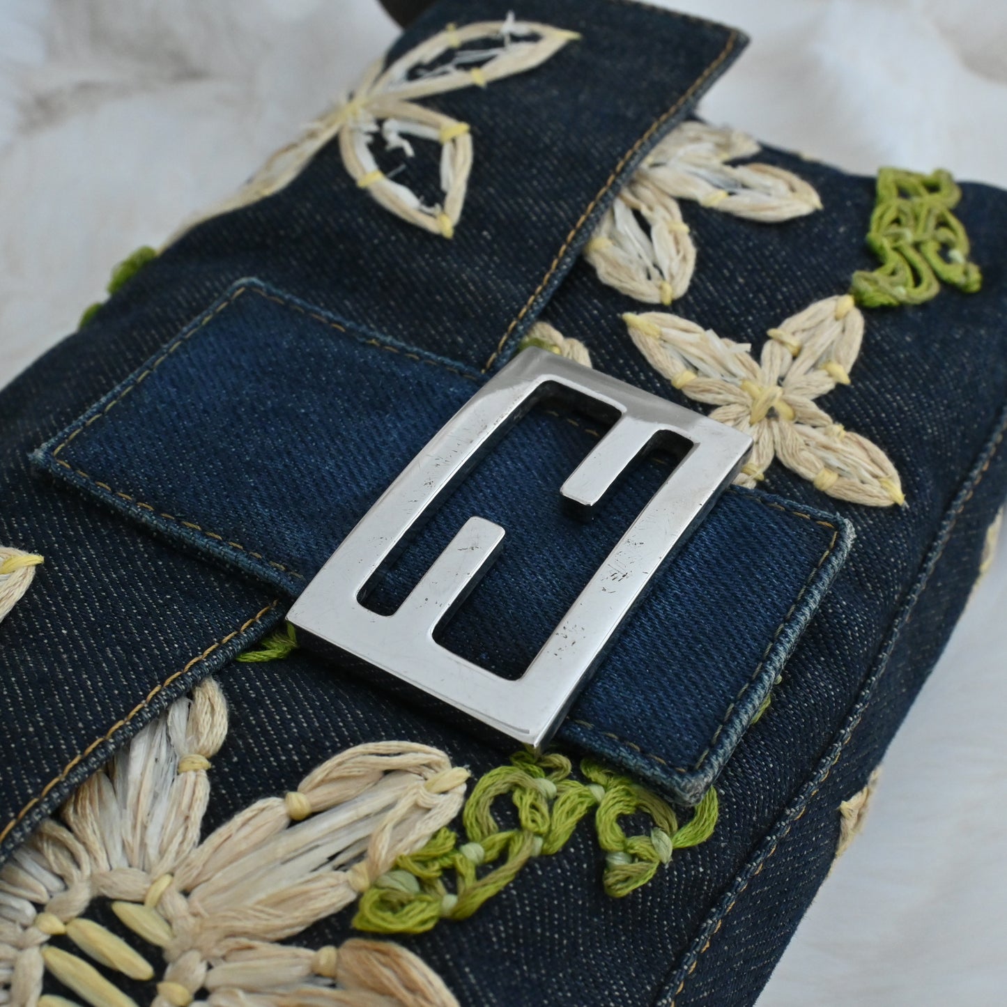 Fendi Denim Floral Embroidered Baguette