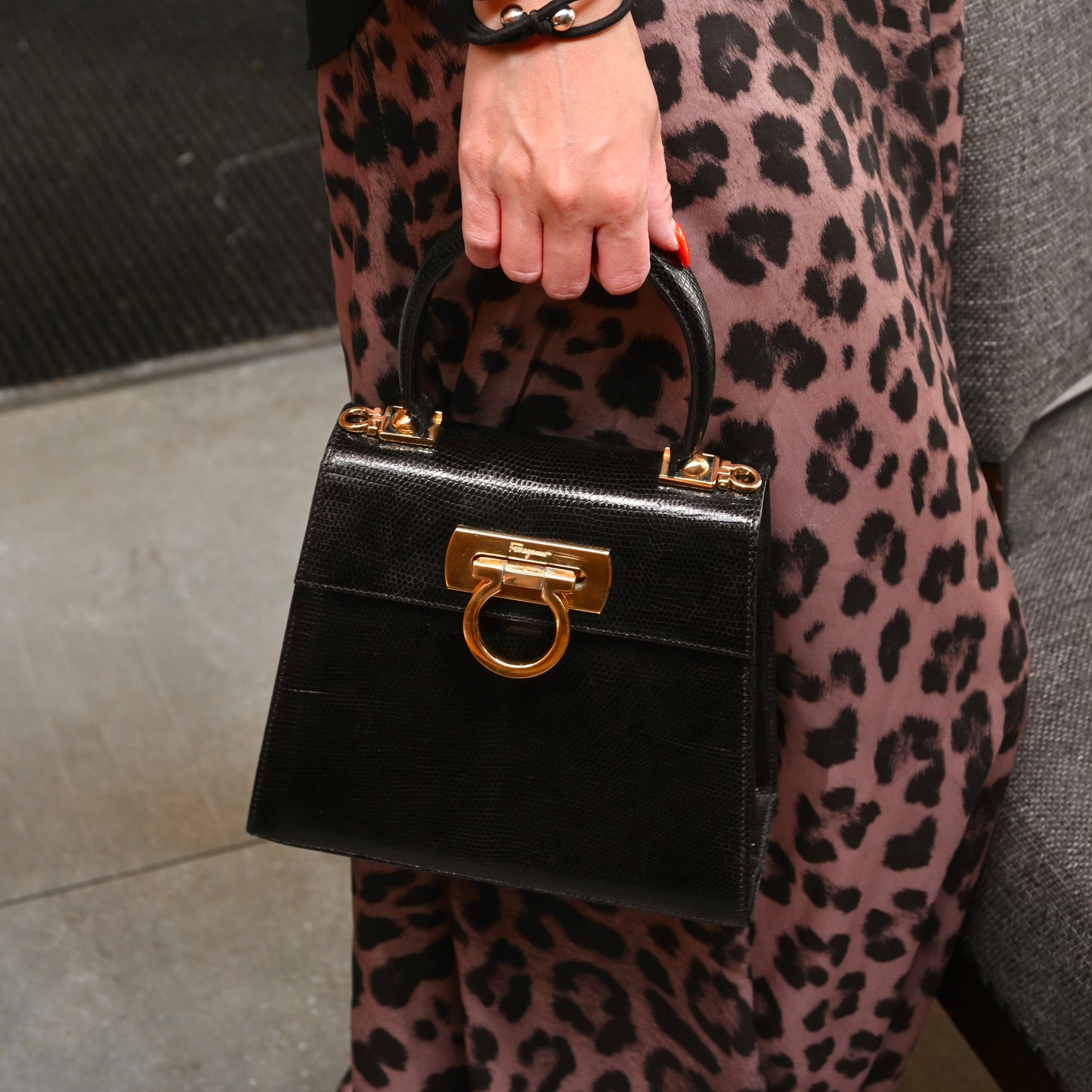 Salvatore Ferragamo Gancini Kelly Small in Embossed Lizard Leather