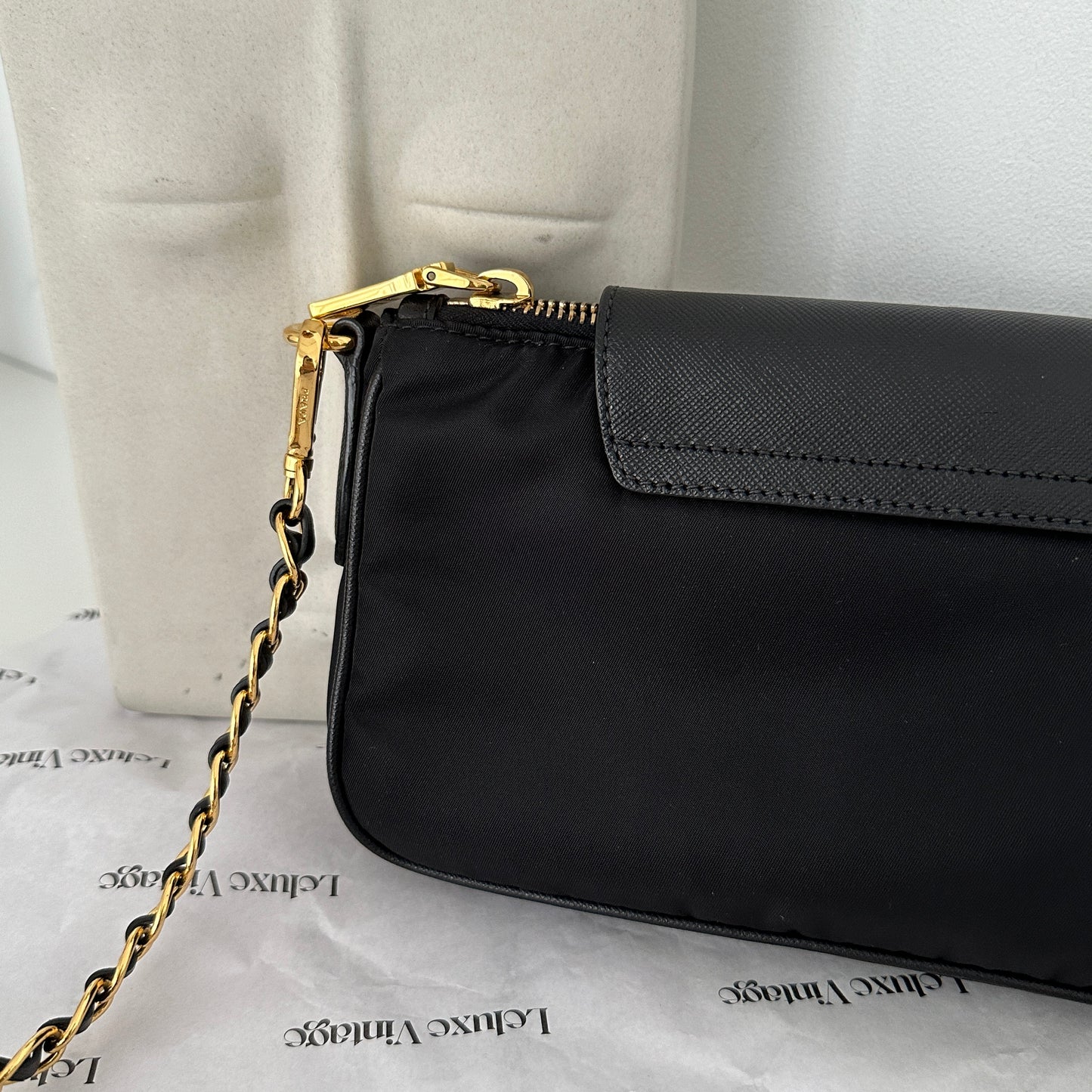 Prada Tessuto Saffiano Nylon Leather Black Chain