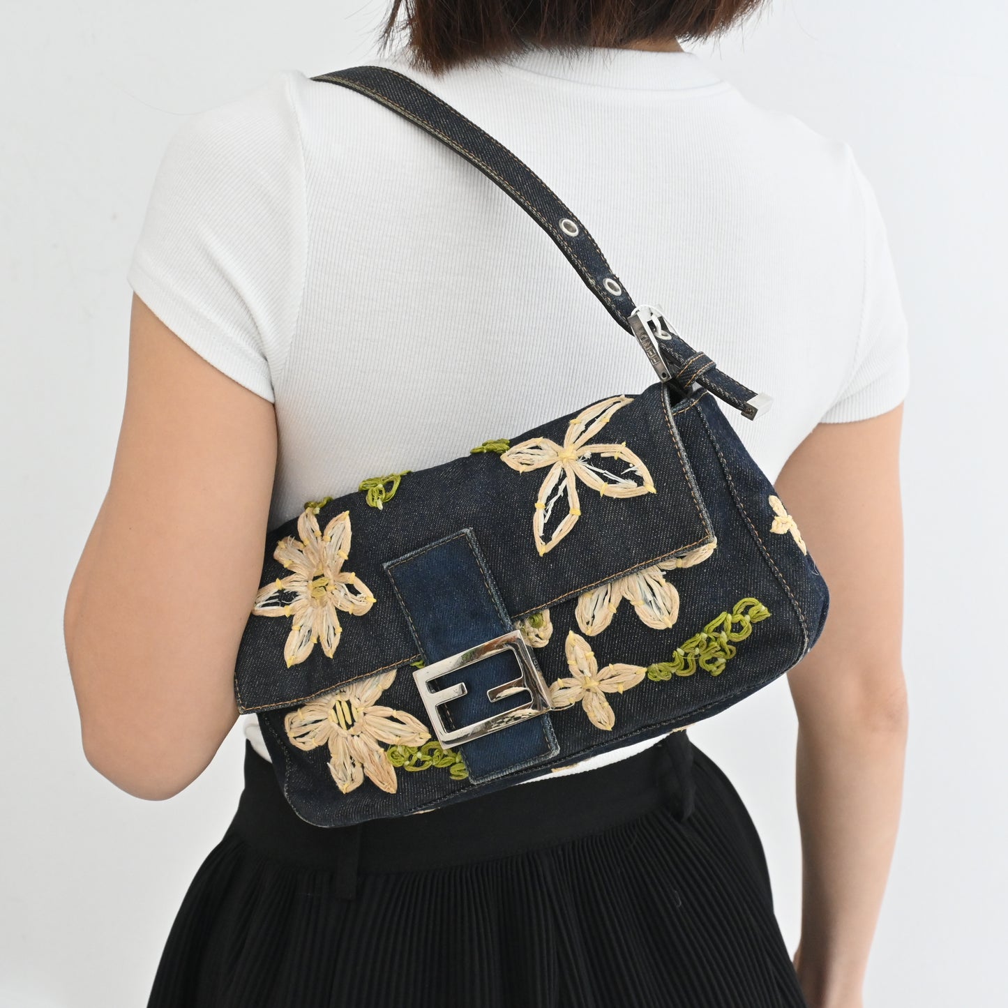 Fendi Denim Floral Embroidered Baguette