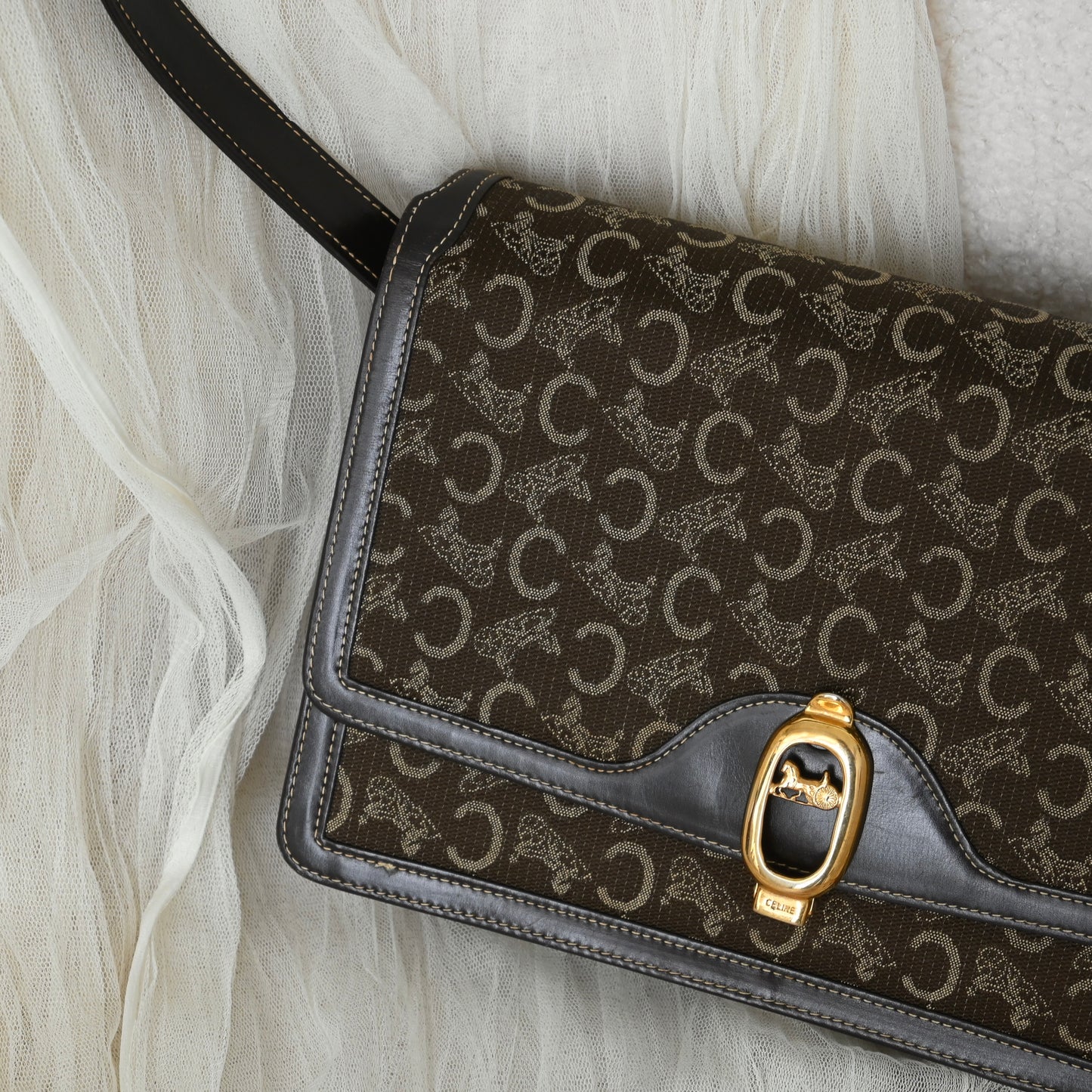 Celine Horse Carriage Brown Macadam Cloth Shoulder Bag