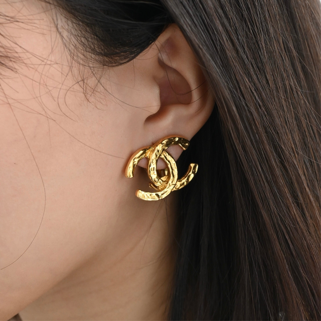 Chanel Coco Earclips with Hammered Texture - Leluxe Vintage Sdn. Bhd.