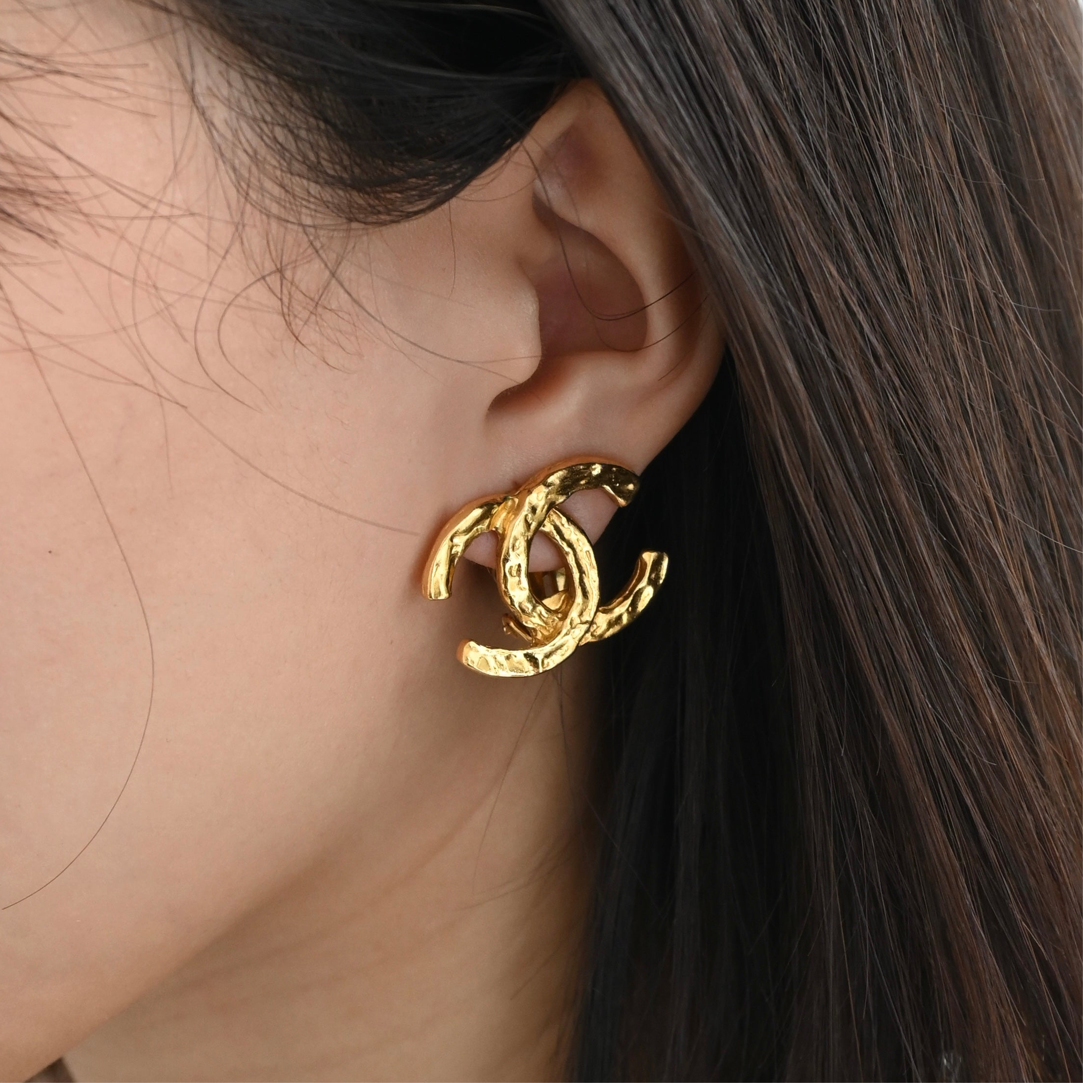 Chanel Coco Earclips with Hammered Texture - Leluxe Vintage Sdn. Bhd.