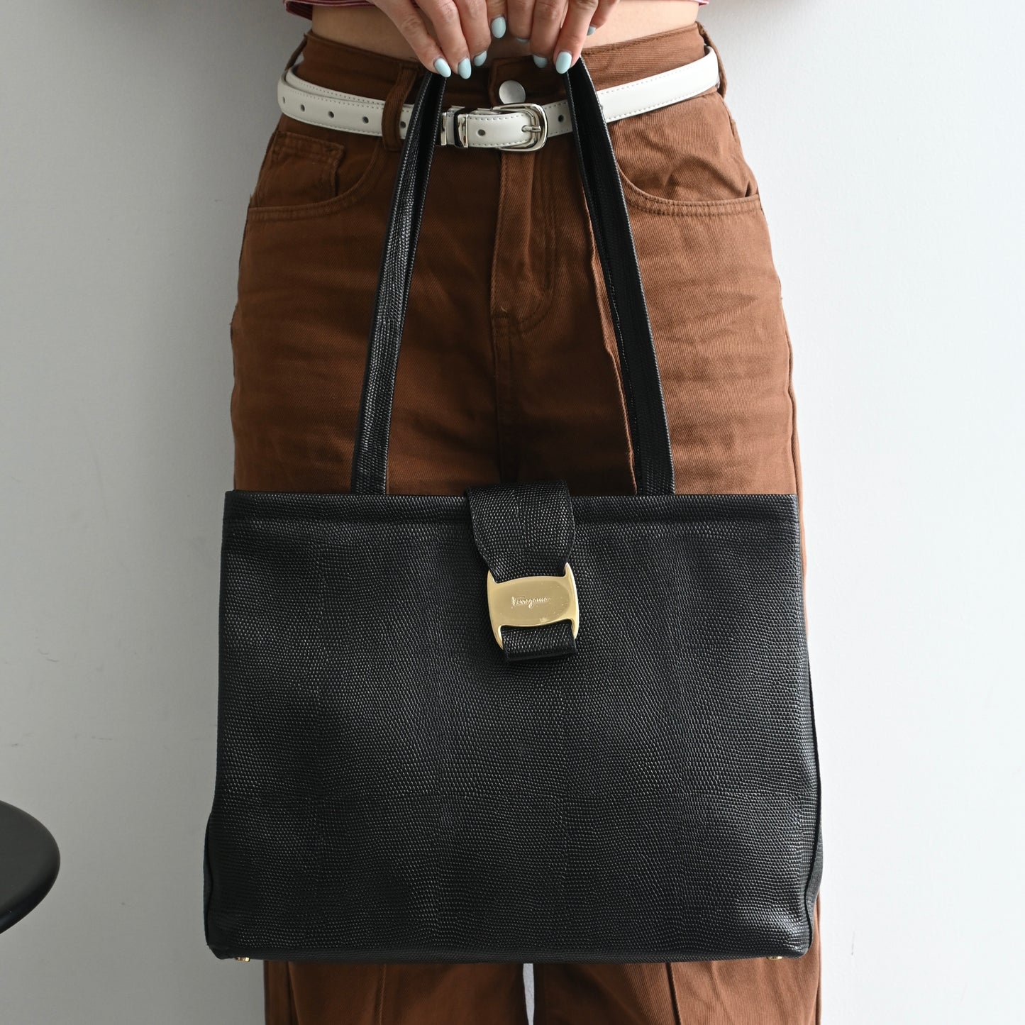 Salvatore Ferragamo Embossed Lizard Vara Tote