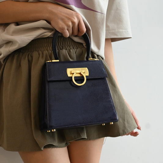 Salvatore Ferragamo Gancini Kelly Small in Purple  Embossed Lizard Leather