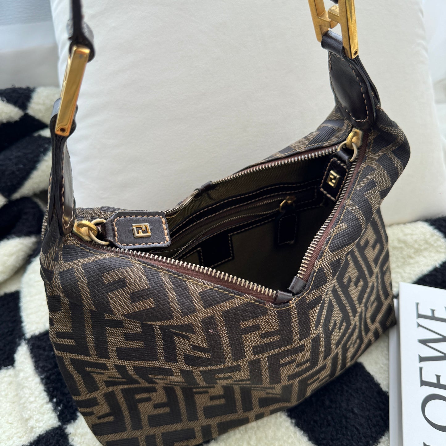 Fendi Zucca Monogram Double Zipper Hobo