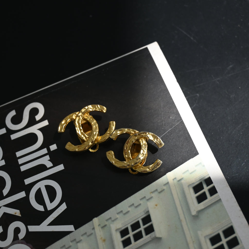 Chanel Coco Earclips with Hammered Texture - Leluxe Vintage Sdn. Bhd.