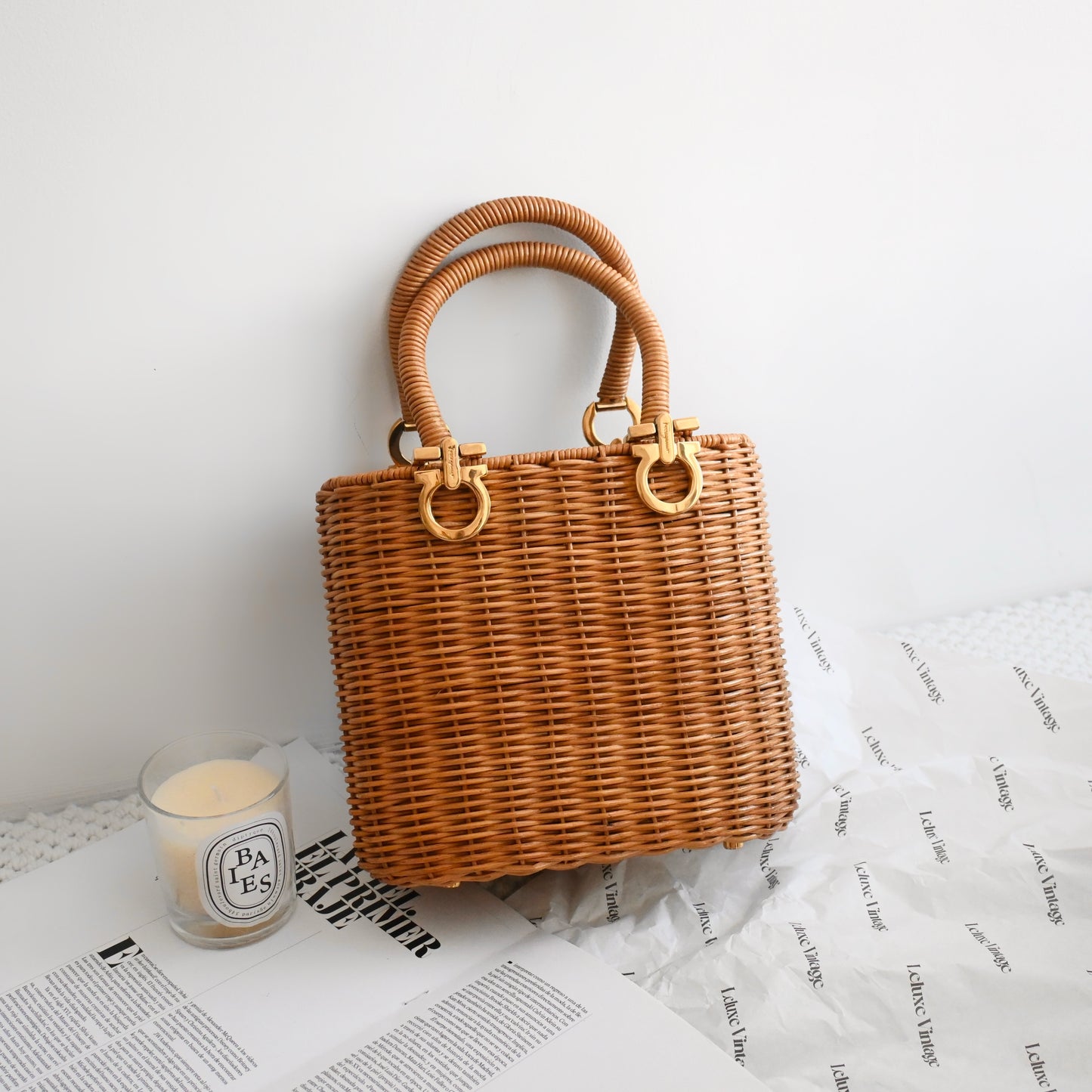 Salvatore Ferragamo Gancini Wicker Rattan Basket Bag