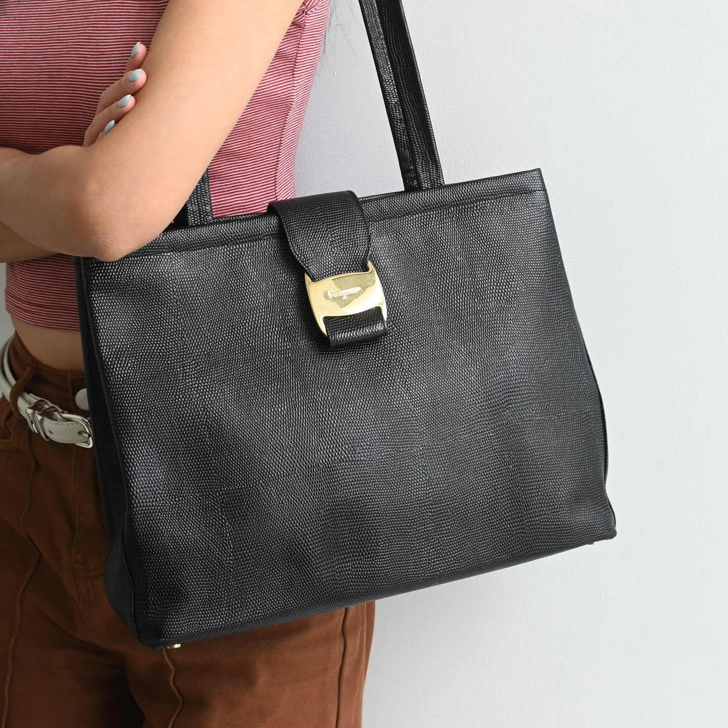 Salvatore Ferragamo Embossed Lizard Vara Tote