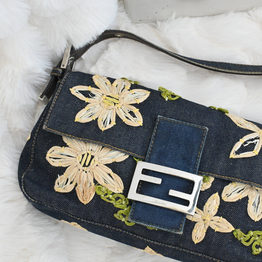 Fendi Denim Floral Embroidered Baguette - Leluxe Vintage Sdn. Bhd.