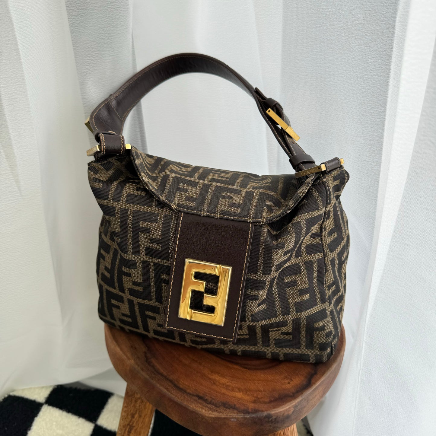 Fendi Zucca Monogram Shoulder Bag with FF Logo Buckle