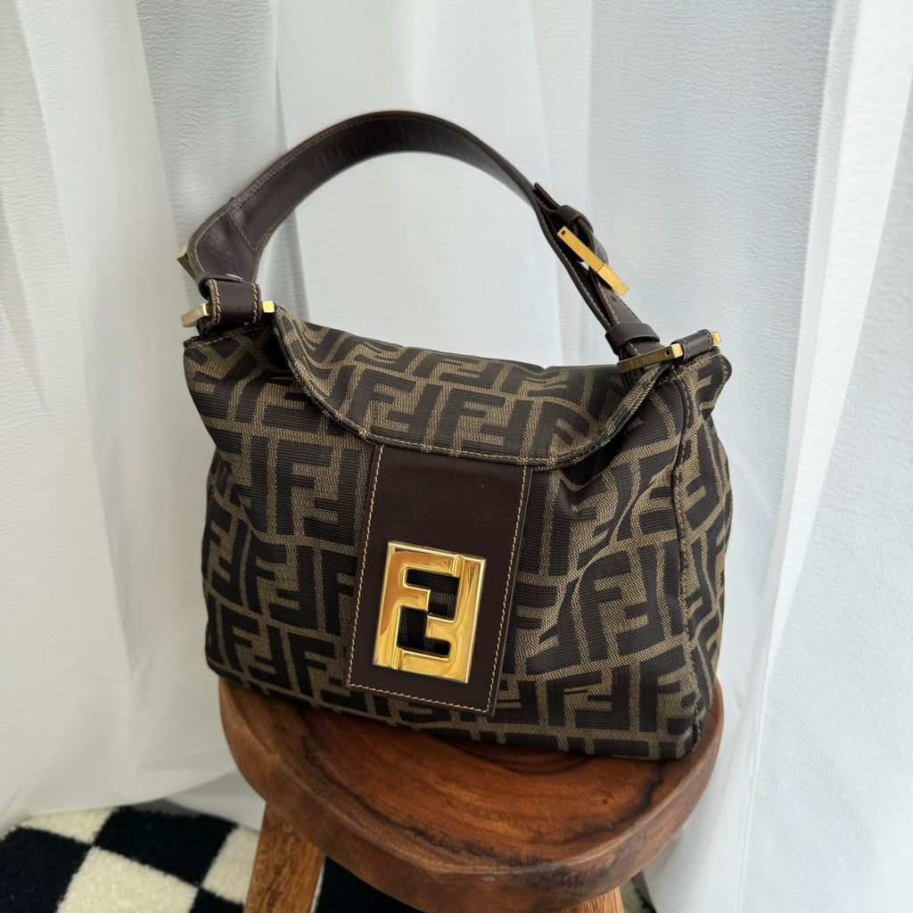 Fendi Zucca Monogram Shoulder Bag with FF Logo Buckle - Leluxe Vintage Sdn. Bhd.