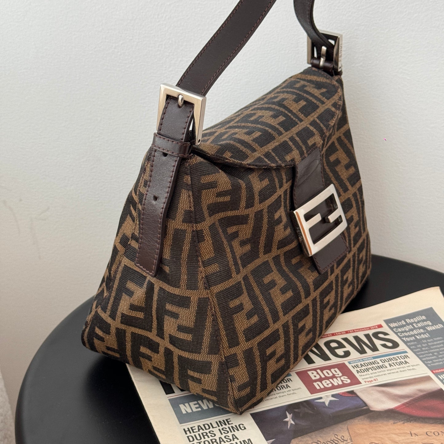 Fendi Zucca Monogram Canvas & Leather Shoulder Bag Brown