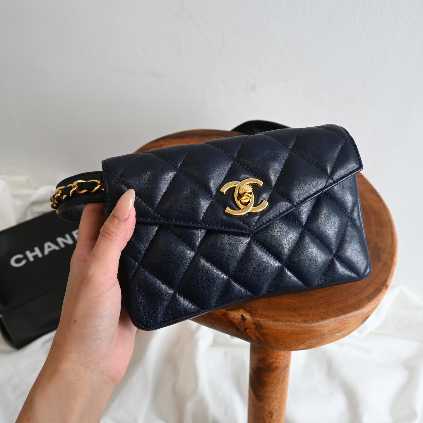 Chanel Navy Lambskin Chain Beltbag 80’s