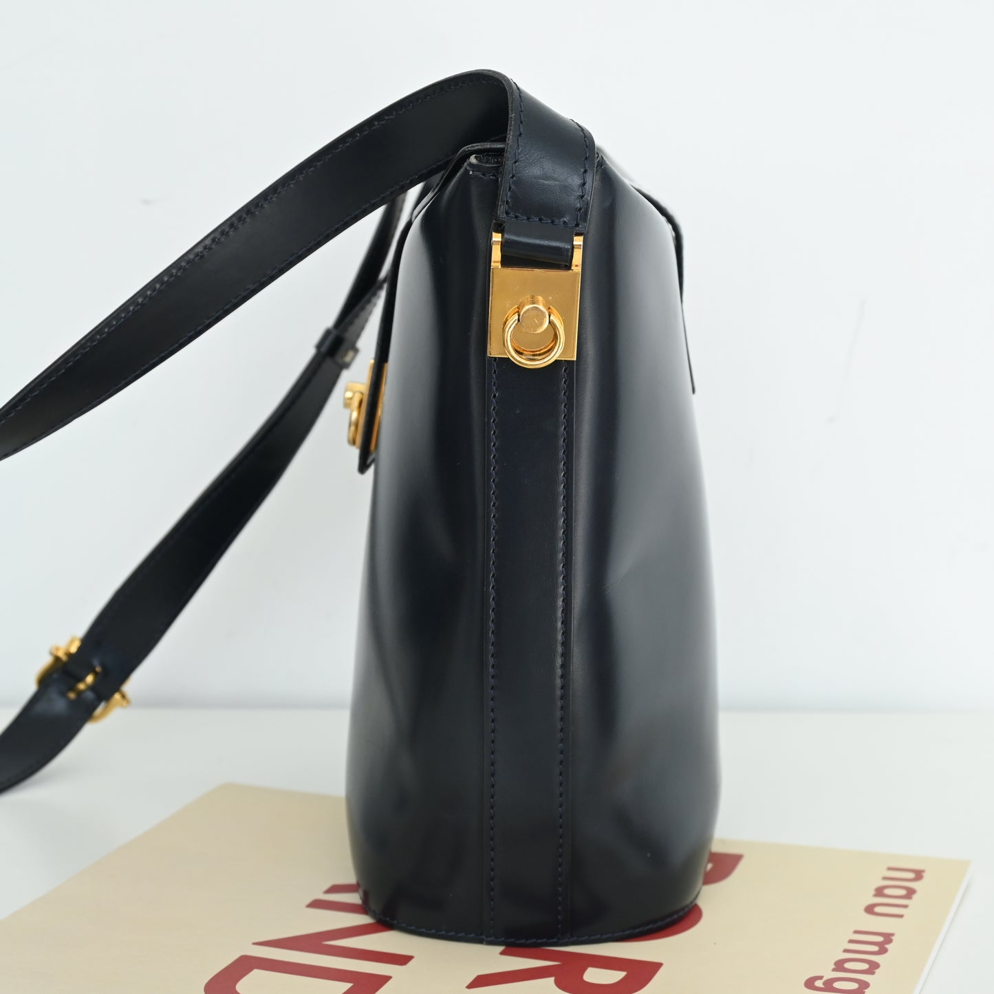 Celine Vintage Navy Gancini Bucket Bag