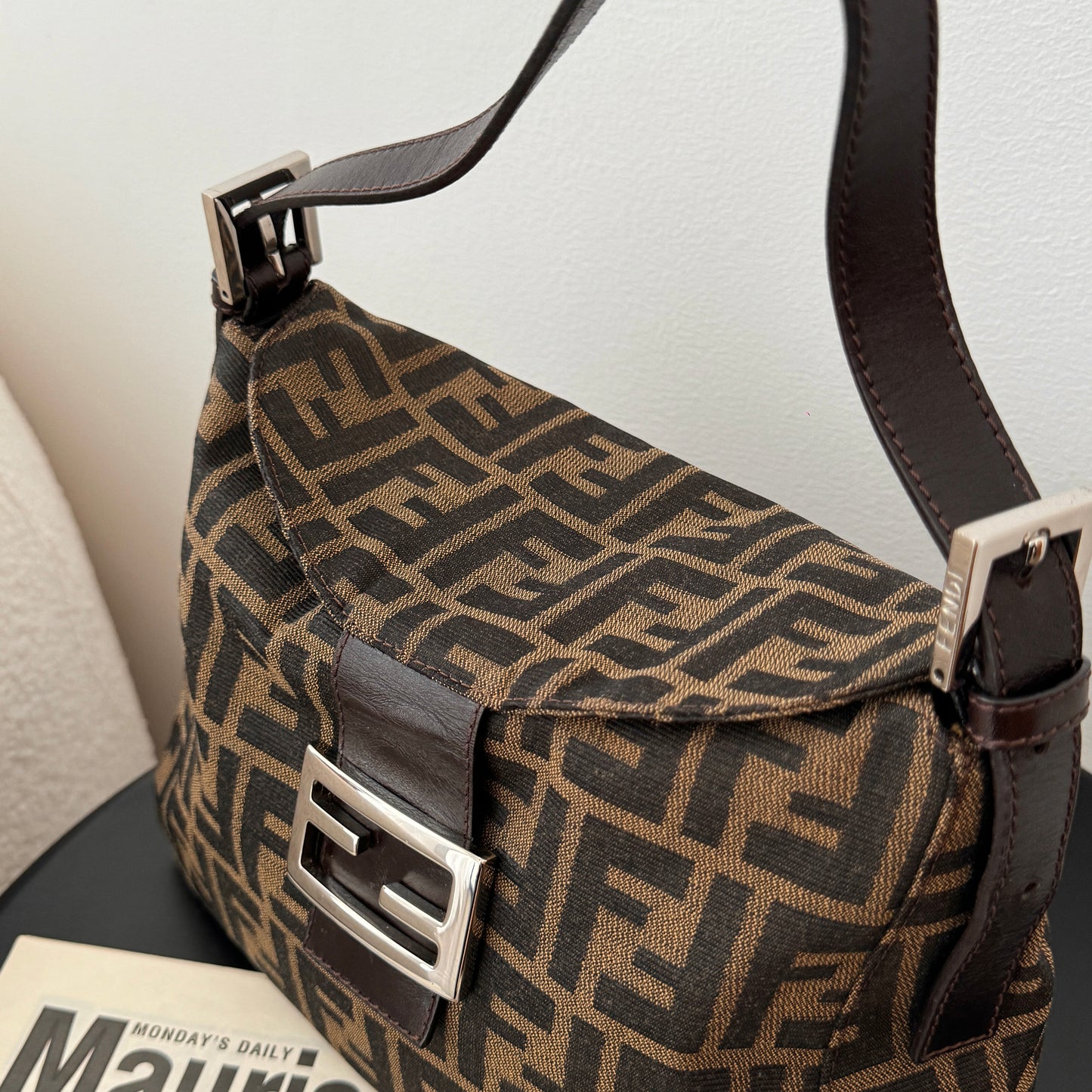 Fendi Zucca Monogram Canvas & Leather Shoulder Bag Brown