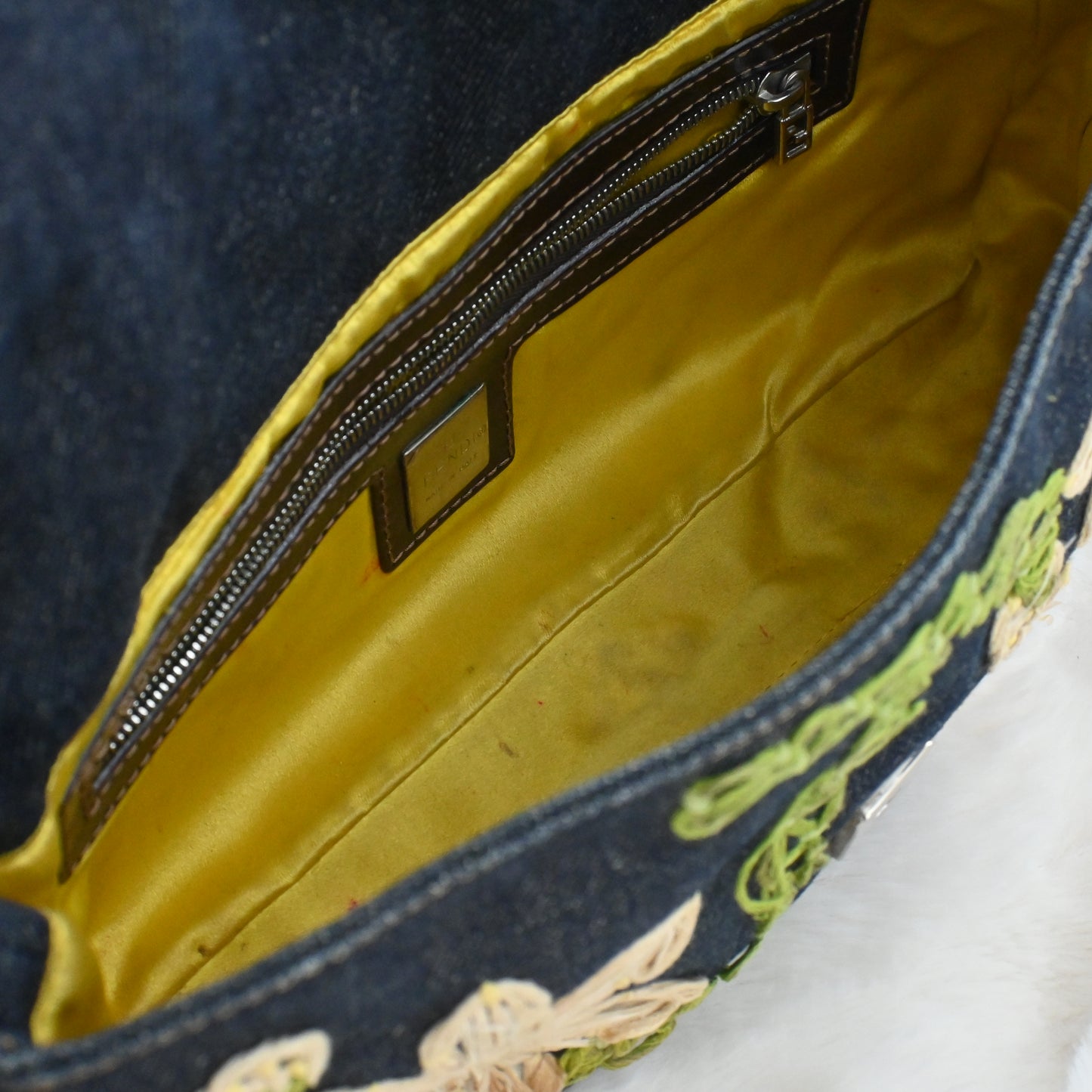 Fendi Denim Floral Embroidered Baguette