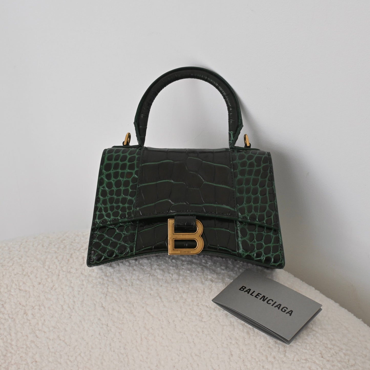 Balenciaga XS Hourglass Dark Green Croc Embossed Leather
