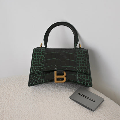 Balenciaga XS Hourglass Dark Green Croc Embossed Leather
