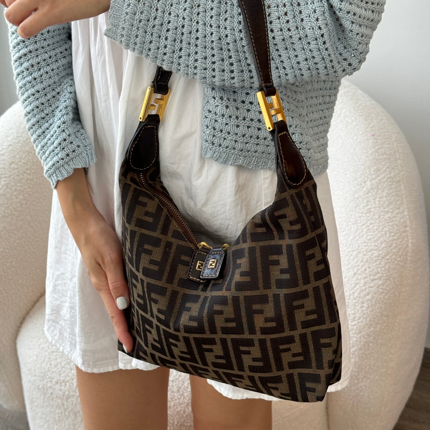 Fendi Zucca Monogram Double Zipper Hobo