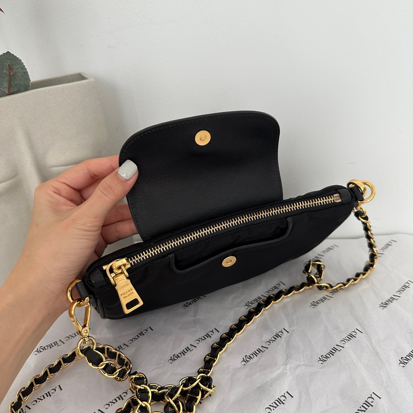 Prada Tessuto Saffiano Nylon Leather Black Chain