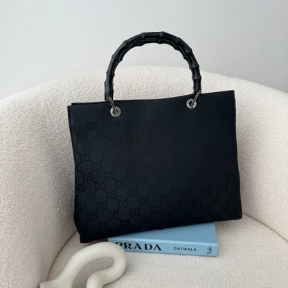 Gucci Black GG Canvas Bamboo Tote