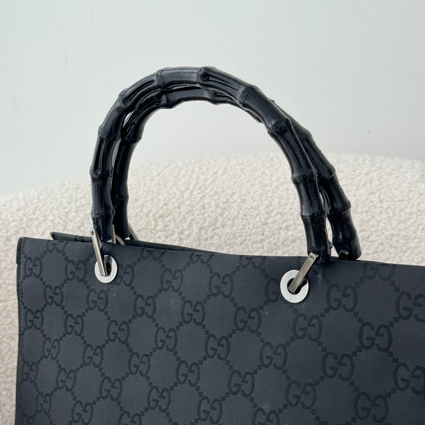 Gucci Black GG Canvas Bamboo Tote