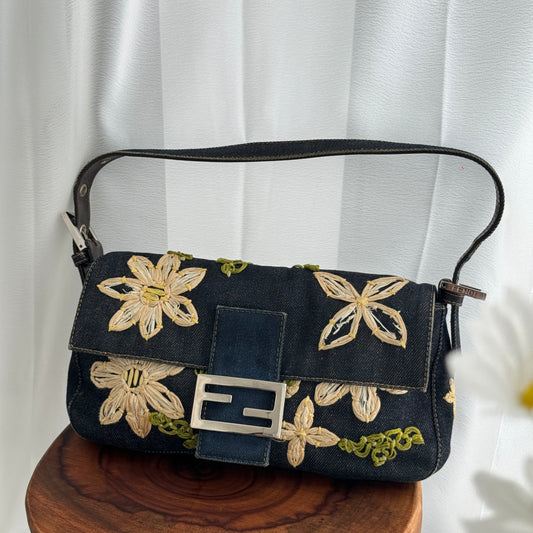 Fendi Denim Floral Embroidered Baguette