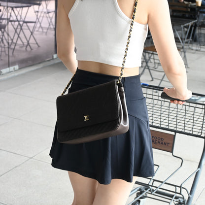 Chanel Bias Stitching Cotton x Lambskin Chain Shoulder Bag Brown