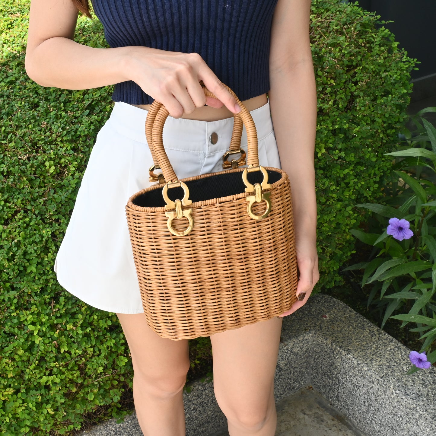 Salvatore Ferragamo Gancini Wicker Rattan Basket Bag