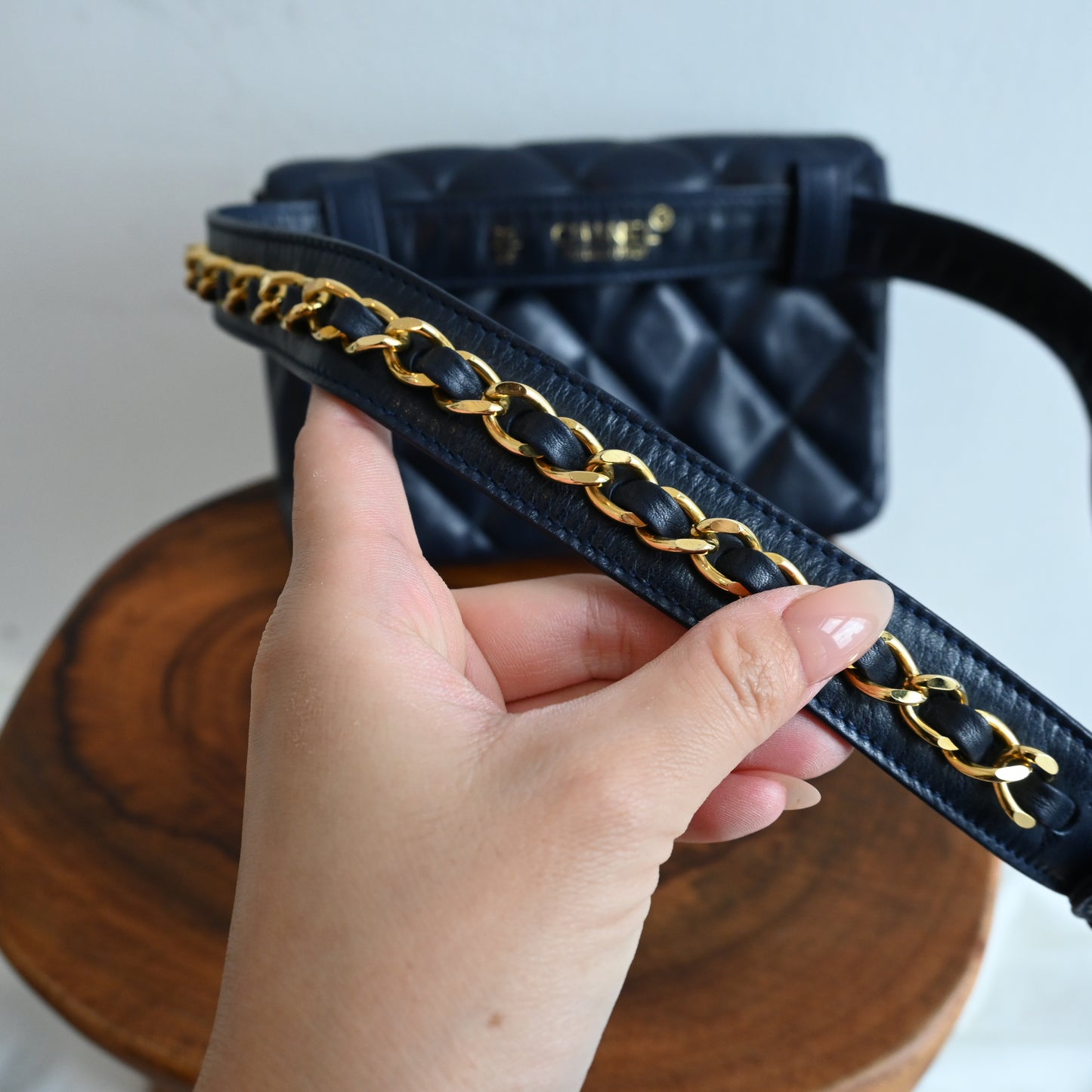 Chanel Navy Lambskin Chain Beltbag 80’s