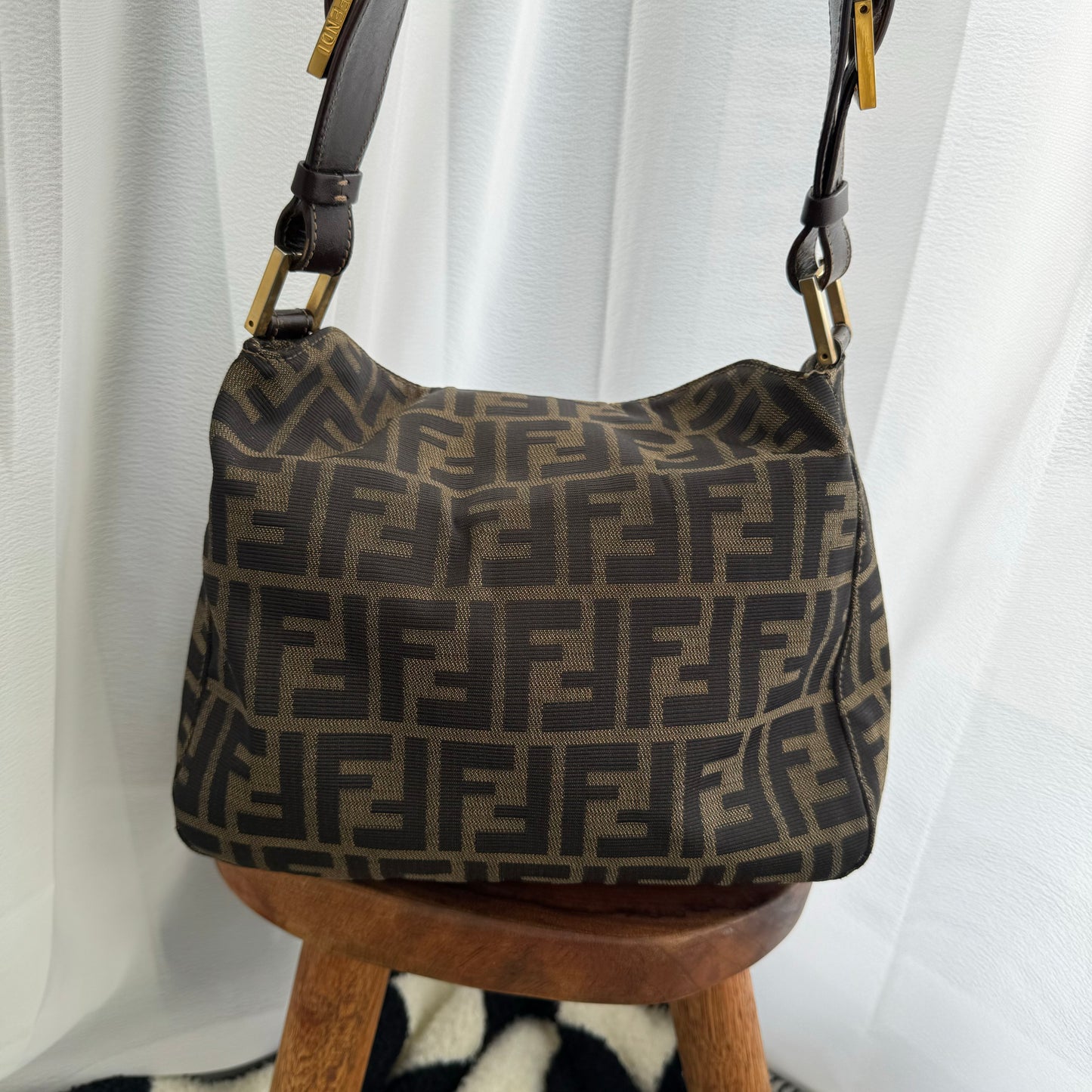 Fendi Zucca Monogram Shoulder Bag with FF Logo Buckle