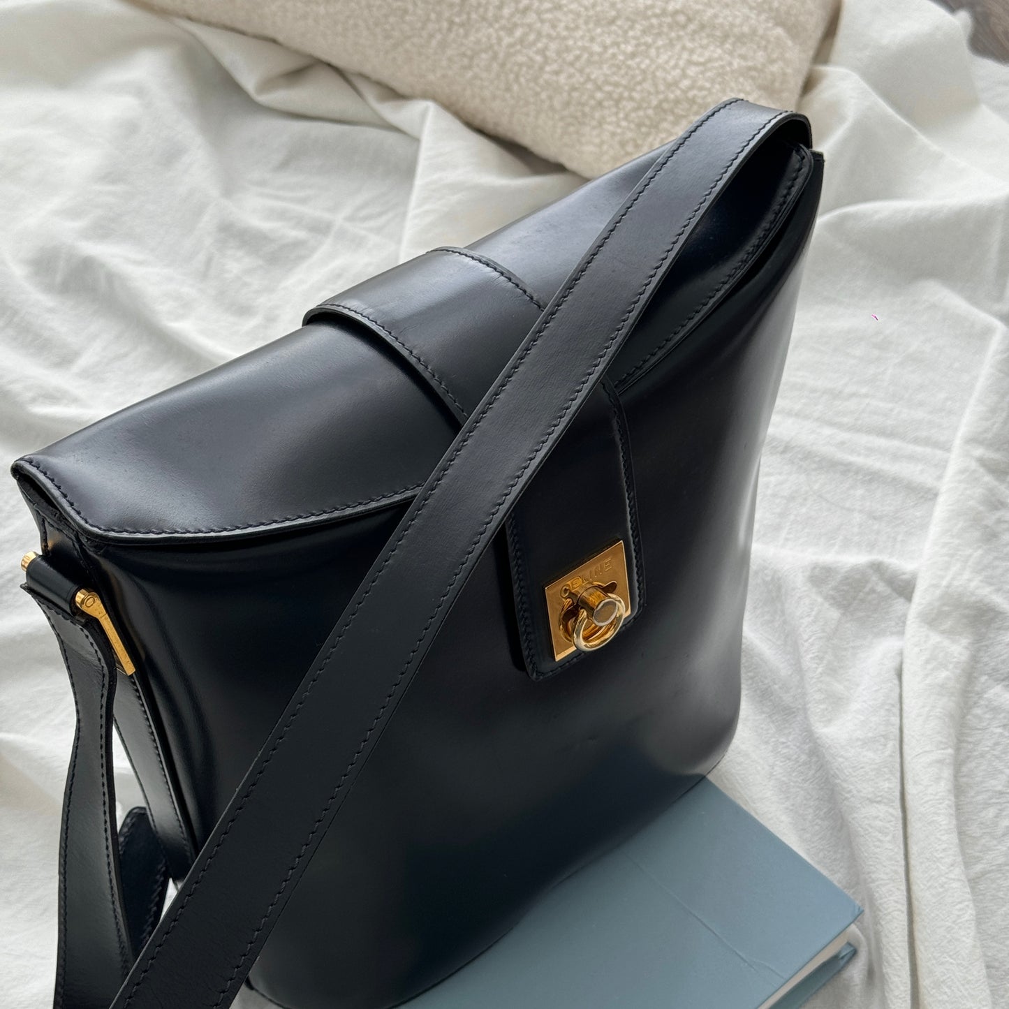 Celine Vintage Navy Gancini Bucket Bag