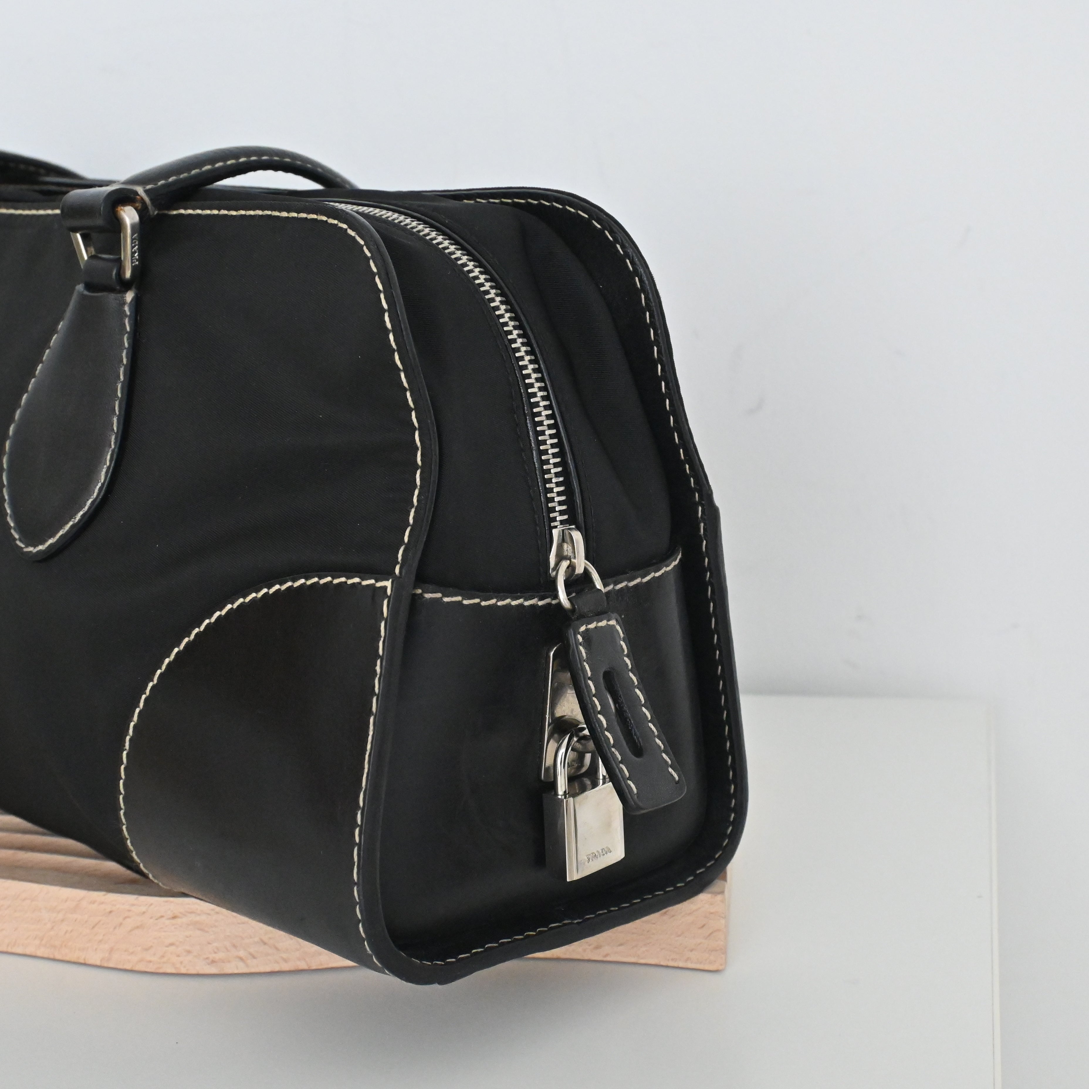 Prada Black Nylon Contrast Stitching Shoulder Bag