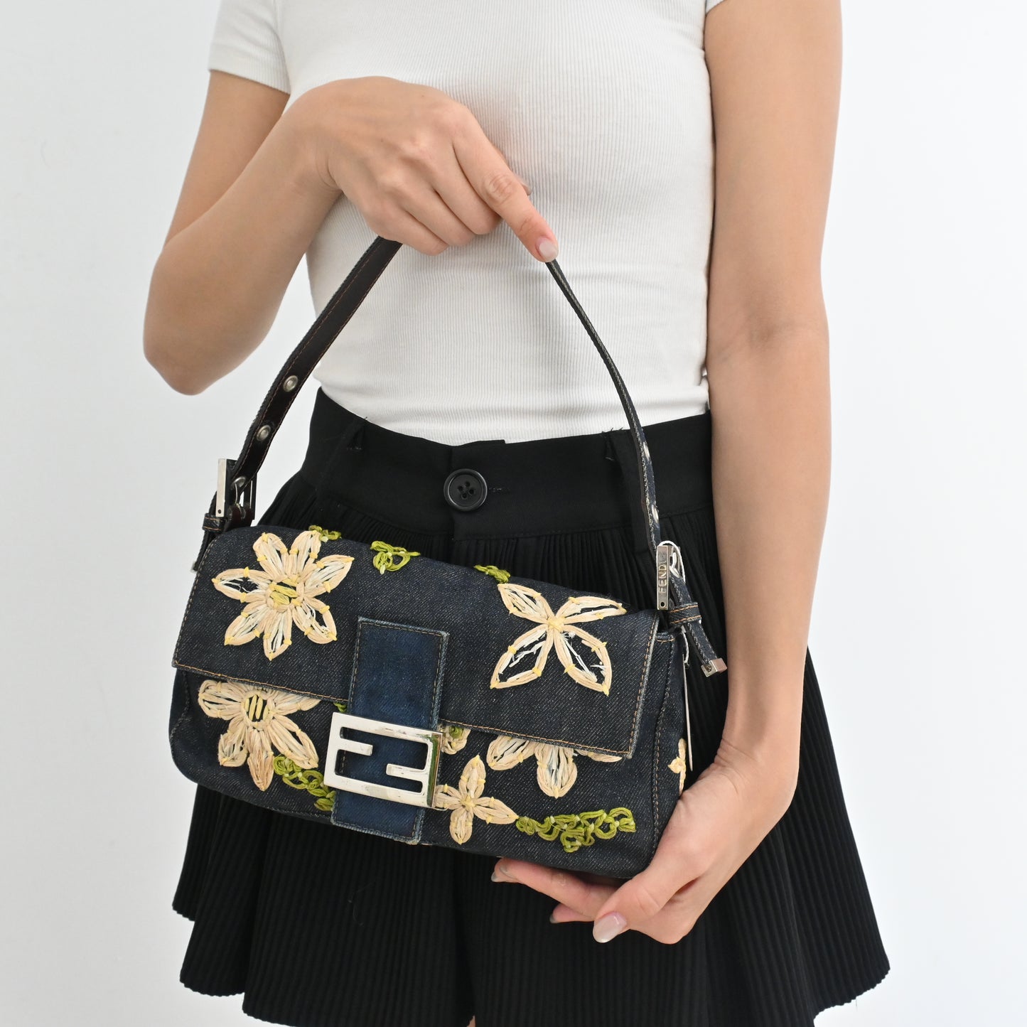 Fendi Denim Floral Embroidered Baguette