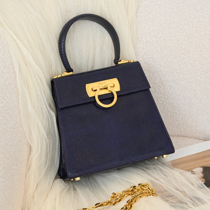 Salvatore Ferragamo Gancini Kelly Small in Purple  Embossed Lizard Leather