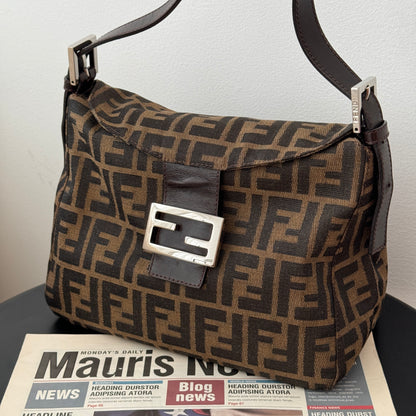 Fendi Zucca Monogram Canvas & Leather Shoulder Bag Brown