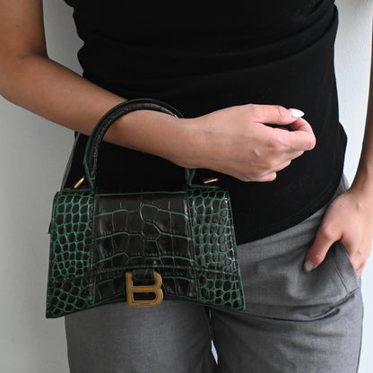 Balenciaga XS Hourglass Dark Green Croc Embossed Leather