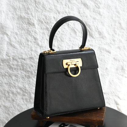 Salvatore Ferragamo Gancini Kelly Small in Embossed Lizard Leather