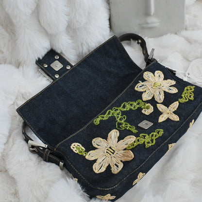 Fendi Denim Floral Embroidered Baguette